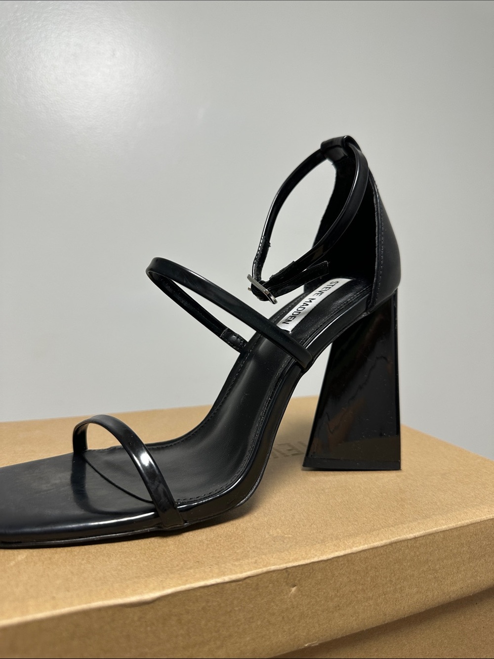 Steve Madden Black Patent Strappy Block Heel Sandals